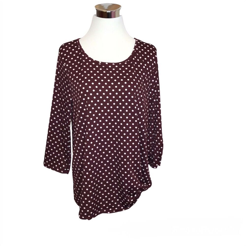 Rue Juju Womens Pullover Top Size L Polka Dot 3/4 Sleeve Twist Hemline Stretch